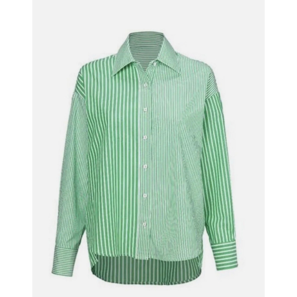 Cabi Dad Shirt Jacket Green White Mixed Stripe Tunic Length Relaxed #6292 Sz S